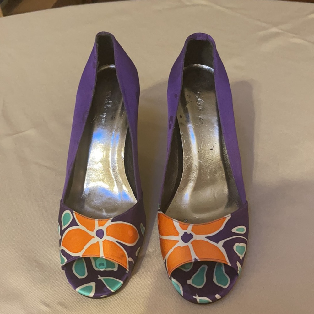 Adele Yen Hand-painted Silk Heels Purple, Orange, Green SZ 6
